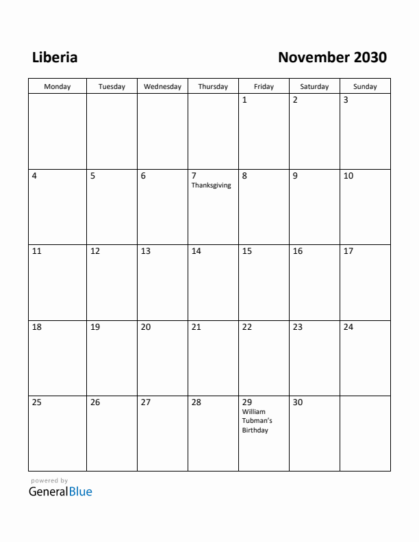 November 2030 Calendar with Liberia Holidays