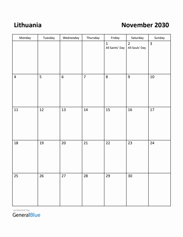November 2030 Calendar with Lithuania Holidays