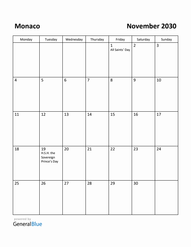 November 2030 Calendar with Monaco Holidays