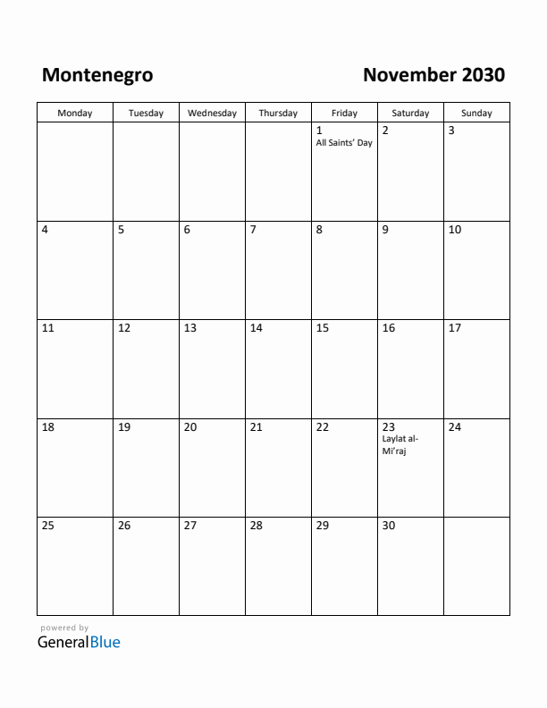 November 2030 Calendar with Montenegro Holidays