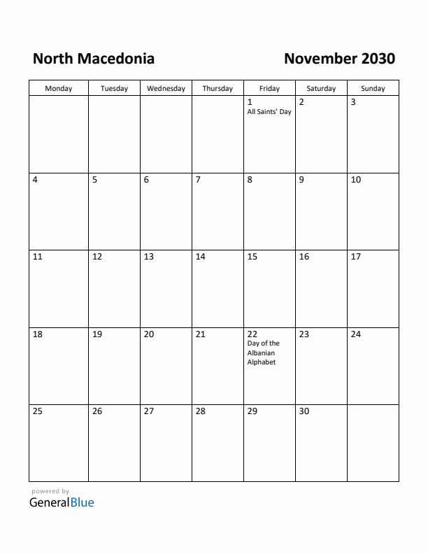 November 2030 Calendar with North Macedonia Holidays