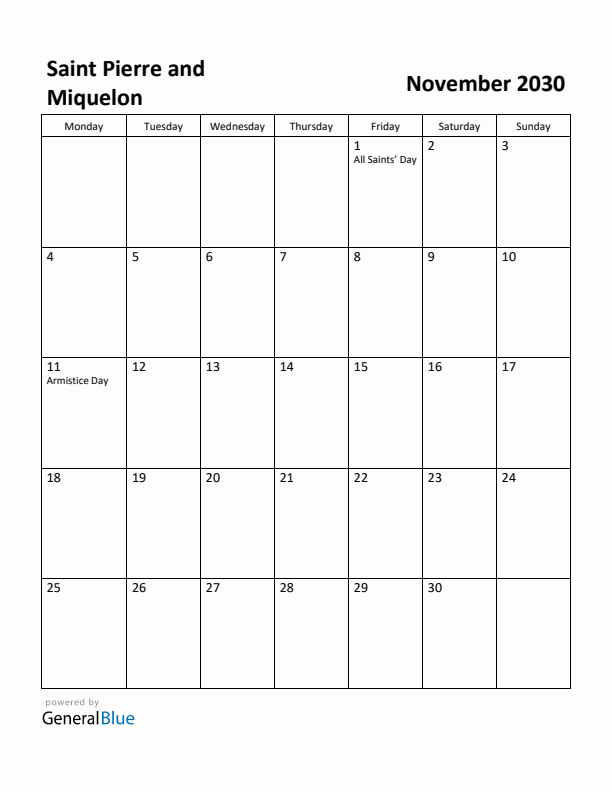 November 2030 Calendar with Saint Pierre and Miquelon Holidays