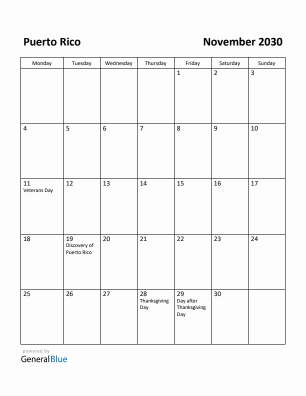 November 2030 Calendar with Puerto Rico Holidays