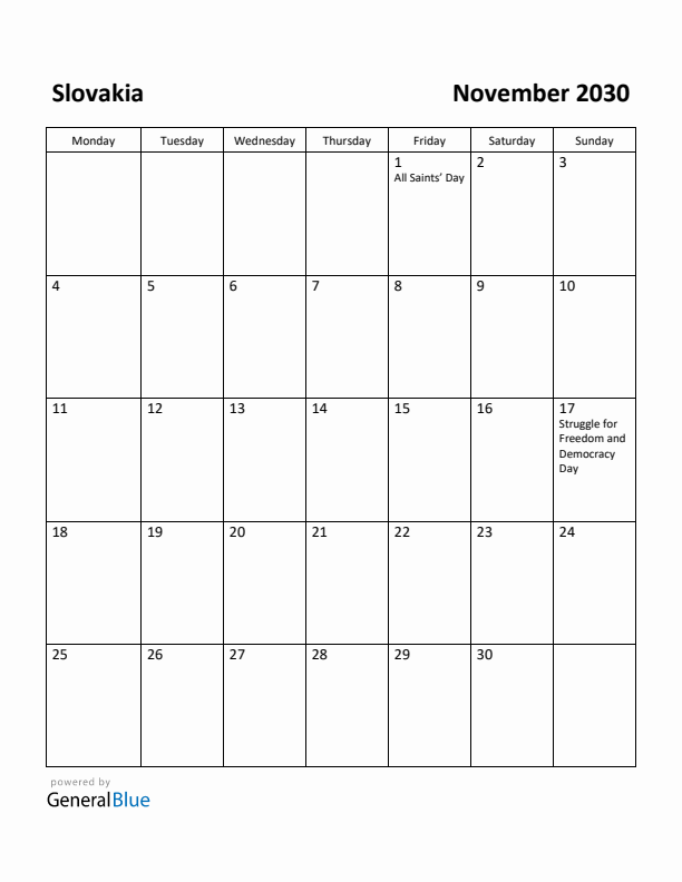 November 2030 Calendar with Slovakia Holidays