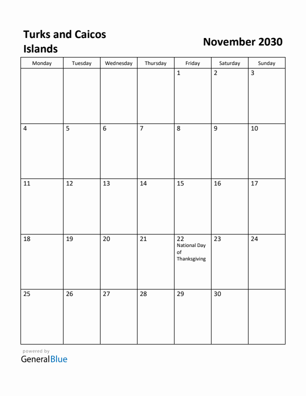 November 2030 Calendar with Turks and Caicos Islands Holidays