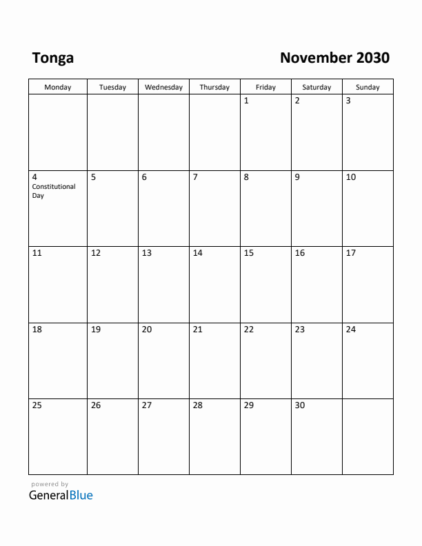November 2030 Calendar with Tonga Holidays