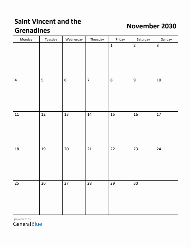 November 2030 Calendar with Saint Vincent and the Grenadines Holidays