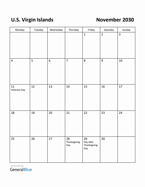 November 2030 Calendar with U.S. Virgin Islands Holidays