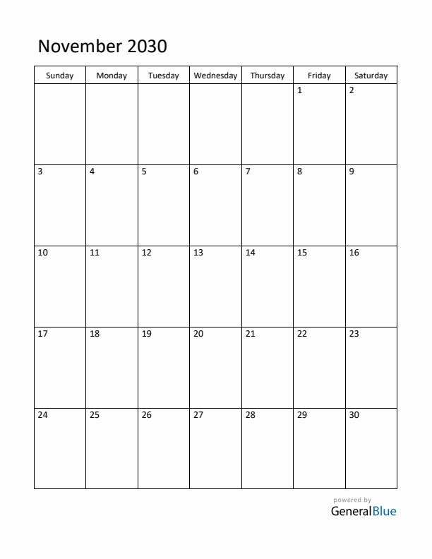 Sunday Start Calendar for November 2030