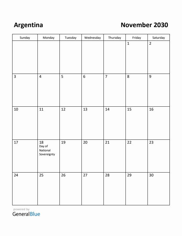 November 2030 Calendar with Argentina Holidays