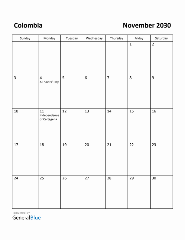 November 2030 Calendar with Colombia Holidays