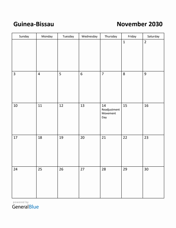 November 2030 Calendar with Guinea-Bissau Holidays