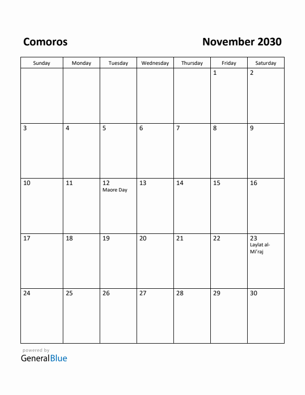 November 2030 Calendar with Comoros Holidays