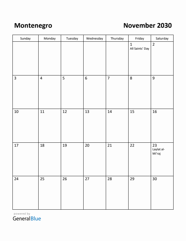 November 2030 Calendar with Montenegro Holidays