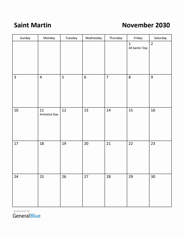November 2030 Calendar with Saint Martin Holidays