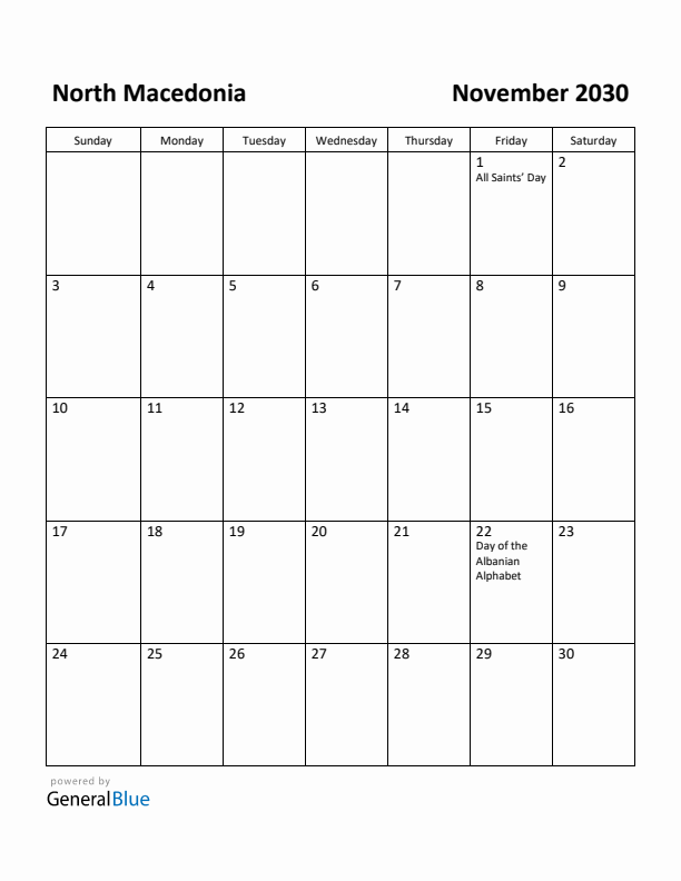 November 2030 Calendar with North Macedonia Holidays