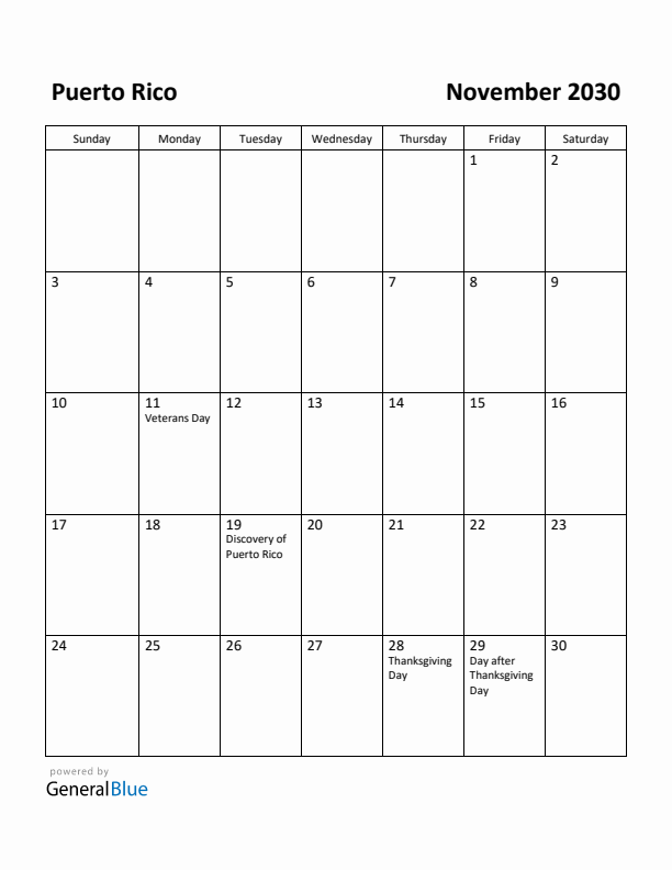 November 2030 Calendar with Puerto Rico Holidays