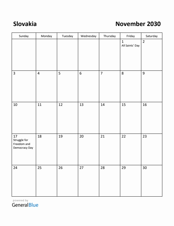 November 2030 Calendar with Slovakia Holidays