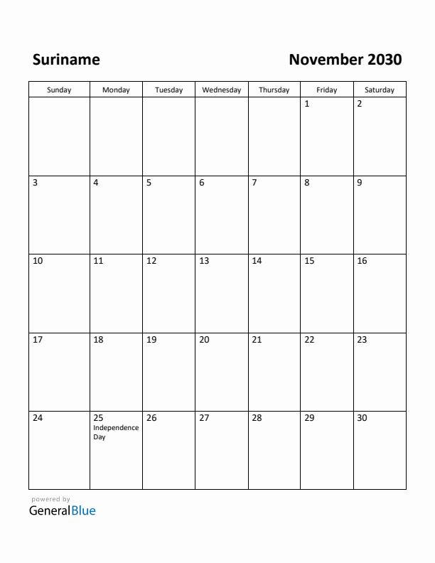November 2030 Calendar with Suriname Holidays