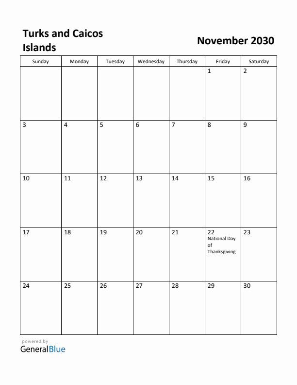 November 2030 Calendar with Turks and Caicos Islands Holidays