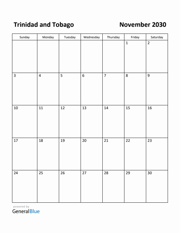 November 2030 Calendar with Trinidad and Tobago Holidays