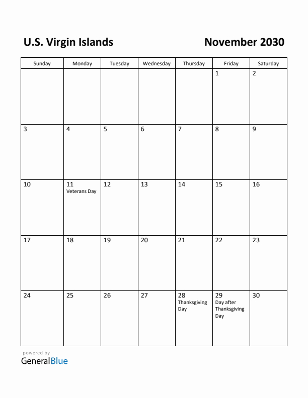 November 2030 Calendar with U.S. Virgin Islands Holidays
