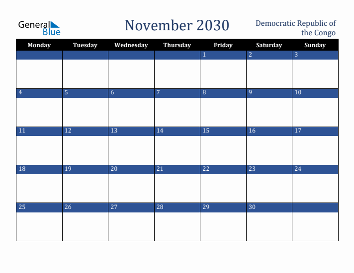 November 2030 Democratic Republic of the Congo Calendar (Monday Start)