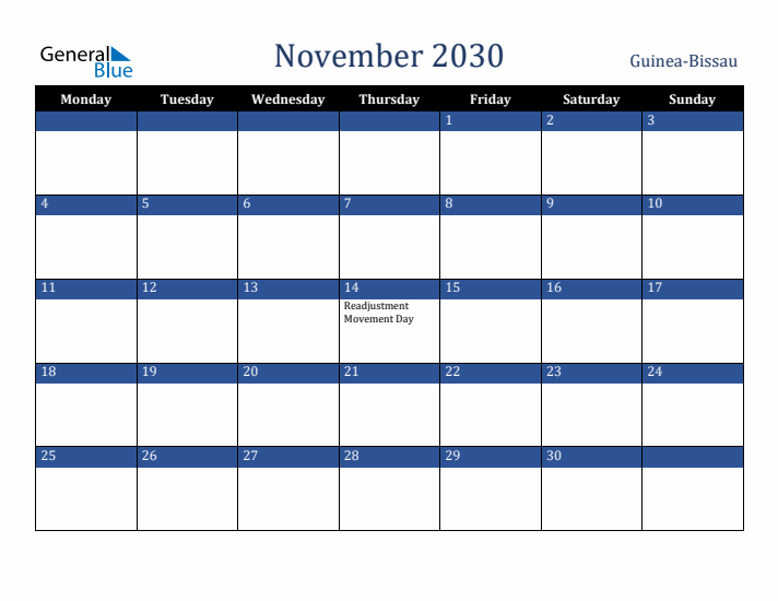 November 2030 Guinea-Bissau Calendar (Monday Start)