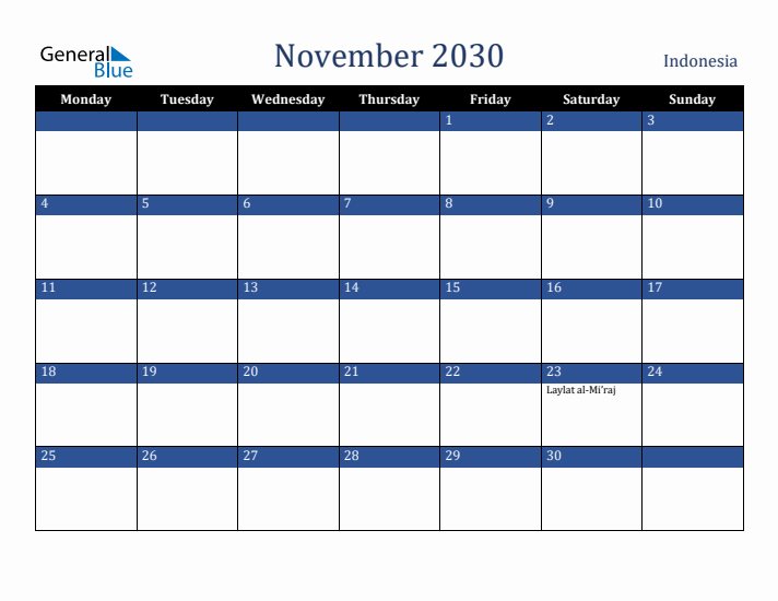 November 2030 Indonesia Calendar (Monday Start)