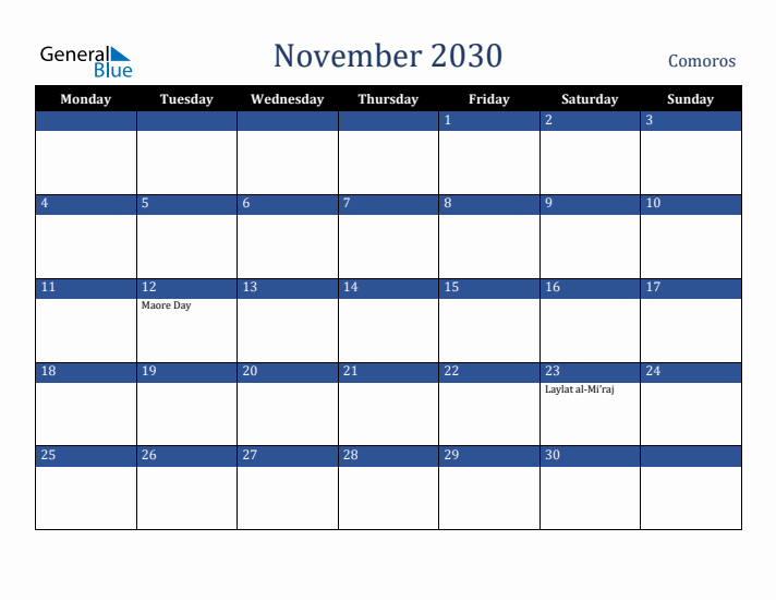 November 2030 Comoros Calendar (Monday Start)
