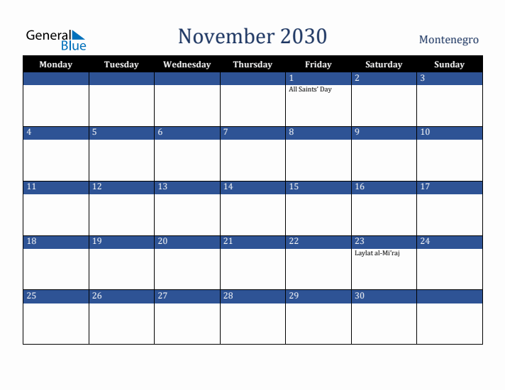 November 2030 Montenegro Calendar (Monday Start)