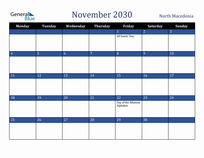 November 2030 North Macedonia Calendar (Monday Start)