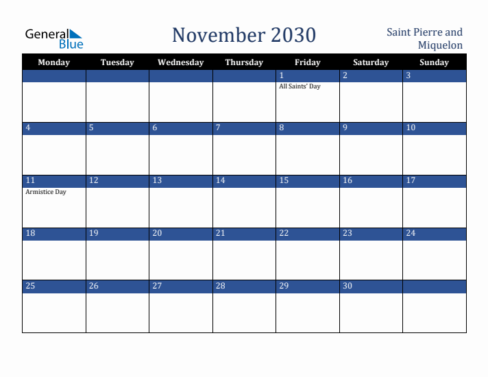 November 2030 Saint Pierre and Miquelon Calendar (Monday Start)
