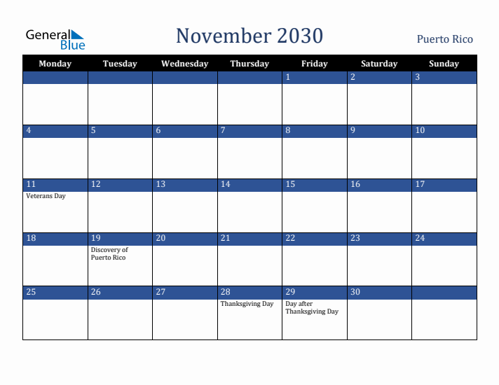 November 2030 Puerto Rico Calendar (Monday Start)