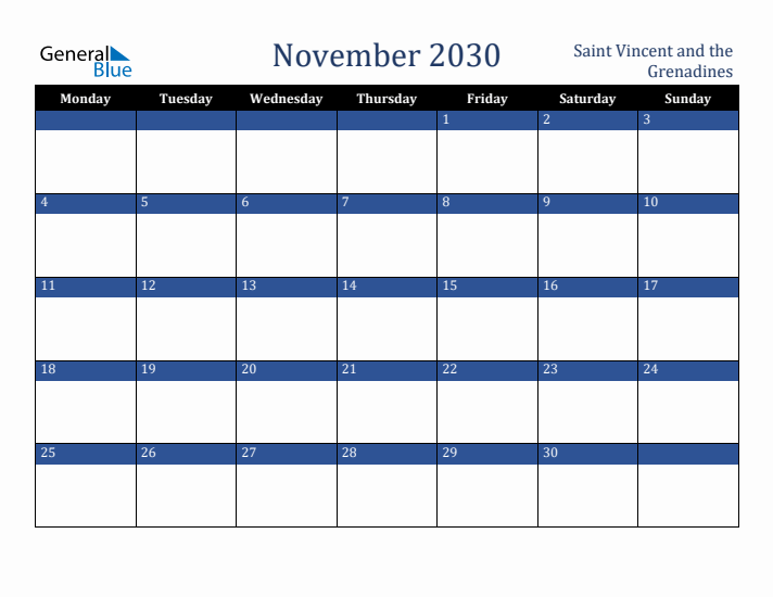 November 2030 Saint Vincent and the Grenadines Calendar (Monday Start)