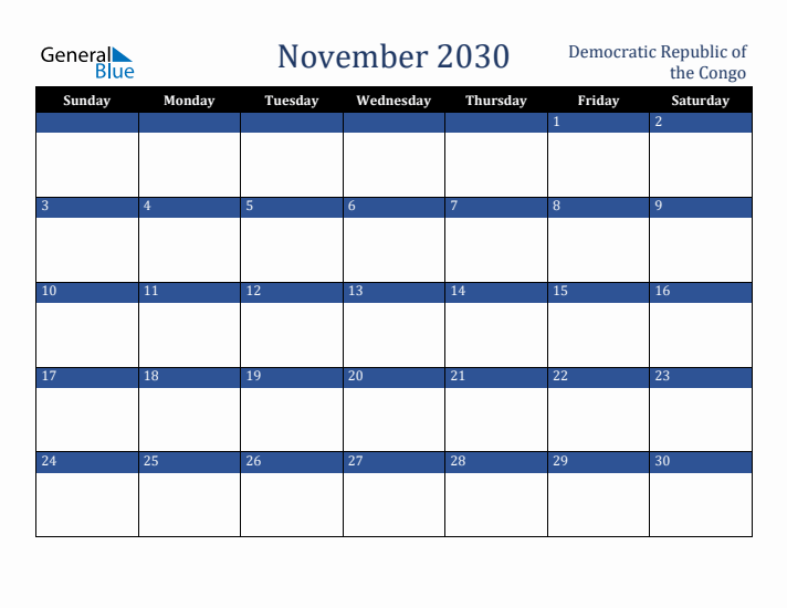 November 2030 Democratic Republic of the Congo Calendar (Sunday Start)