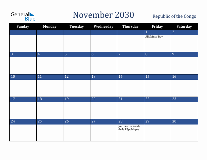 November 2030 Republic of the Congo Calendar (Sunday Start)