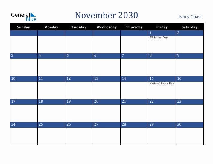 November 2030 Ivory Coast Calendar (Sunday Start)