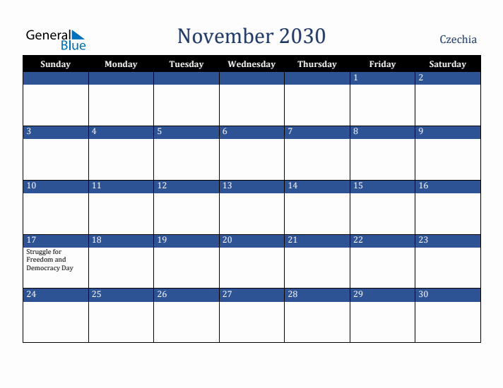 November 2030 Czechia Calendar (Sunday Start)