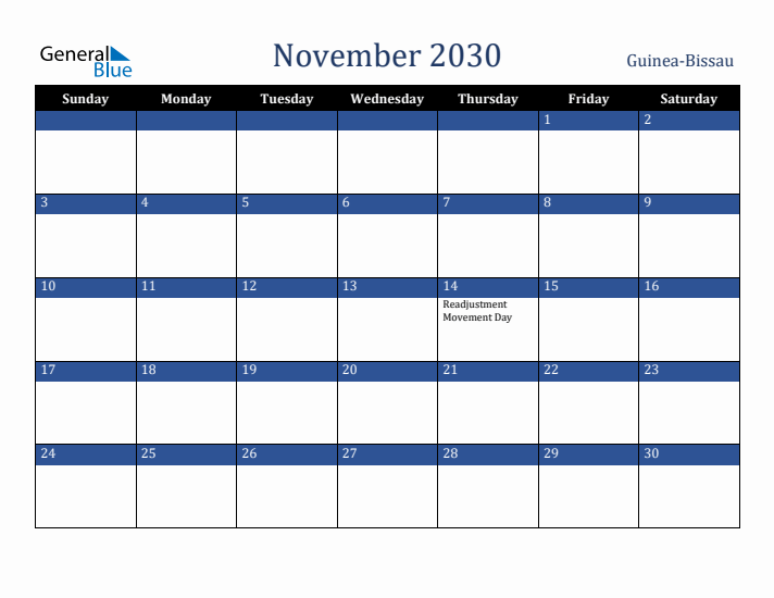November 2030 Guinea-Bissau Calendar (Sunday Start)