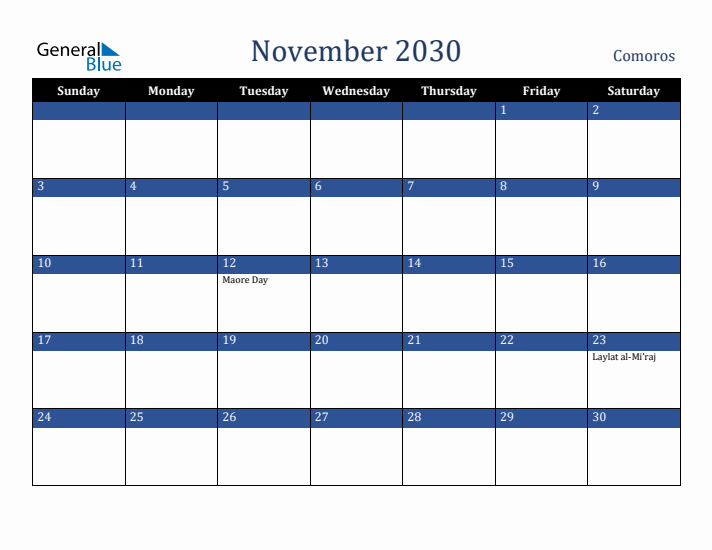 November 2030 Comoros Calendar (Sunday Start)