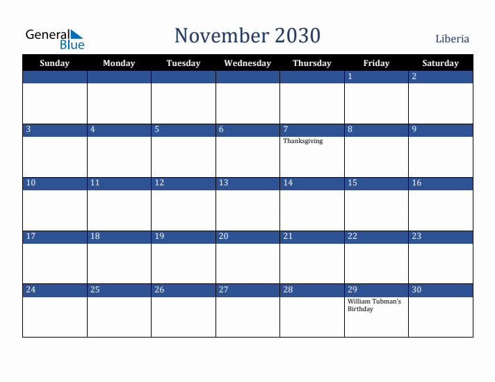 November 2030 Liberia Calendar (Sunday Start)