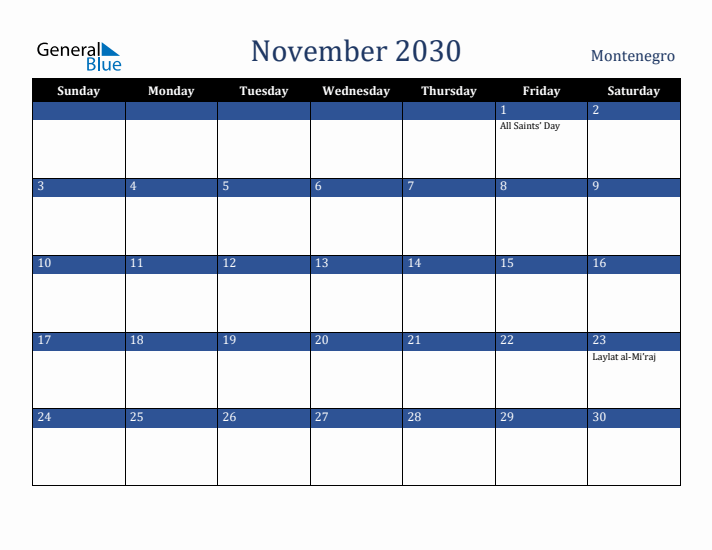 November 2030 Montenegro Calendar (Sunday Start)