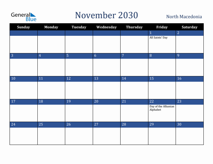 November 2030 North Macedonia Calendar (Sunday Start)