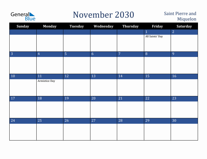 November 2030 Saint Pierre and Miquelon Calendar (Sunday Start)