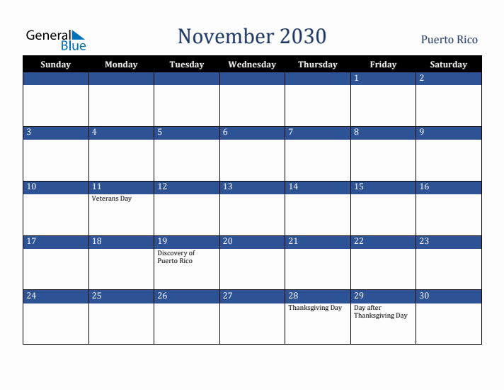 November 2030 Puerto Rico Calendar (Sunday Start)