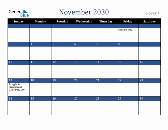 November 2030 Slovakia Calendar (Sunday Start)