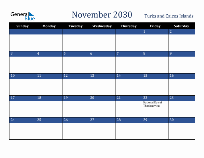 November 2030 Turks and Caicos Islands Calendar (Sunday Start)