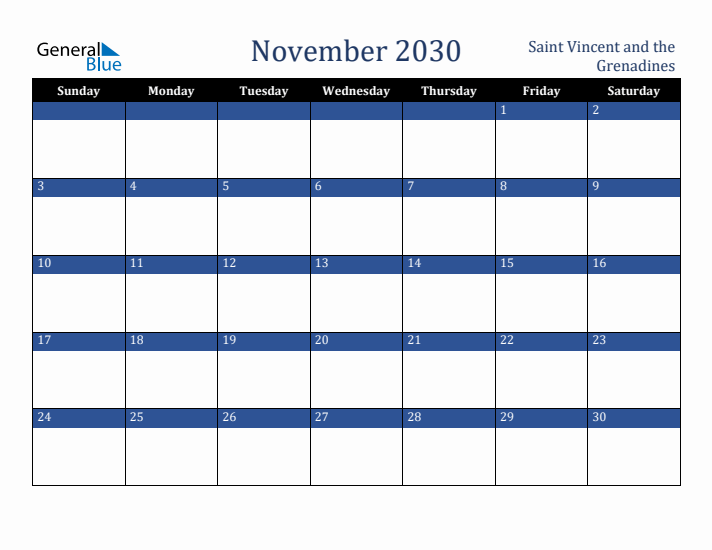 November 2030 Saint Vincent and the Grenadines Calendar (Sunday Start)