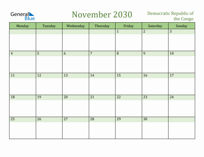 November 2030 Calendar with Democratic Republic of the Congo Holidays